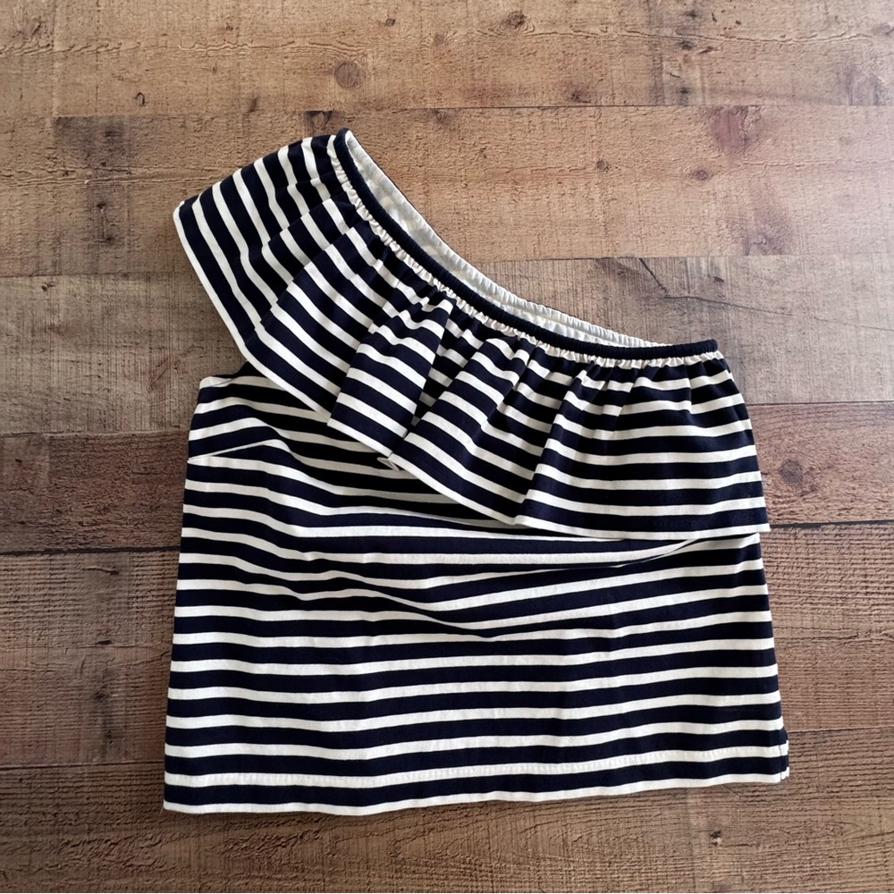 J. Crew Ruffle Striped Off-Shoulder Top Nautical Blue White Stripe SMALL